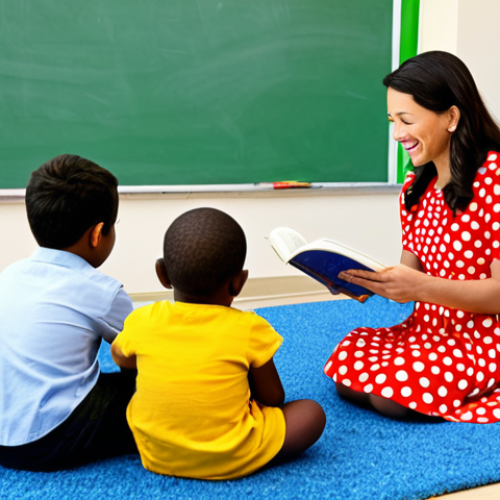 Home 7 **
"A friendly kindergarten teacher, fully clothed in a colorful, polka-dot dress, reading a story to a group of diverse children sitting attentively on a rug in a bright, cheerful classroom. Safe for work, appropriate content, professional, family-friendly, perfect anatomy, correct proportions, natural pose, well-formed hands, proper finger count, high resolution, detailed background."
**