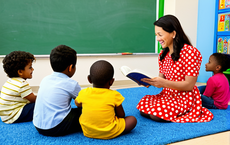 **

"A friendly kindergarten teacher, fully clothed in a colorful, polka-dot dress, reading a story to a group of diverse children sitting attentively on a rug in a bright, cheerful classroom.  Safe for work, appropriate content, professional, family-friendly, perfect anatomy, correct proportions, natural pose, well-formed hands, proper finger count, high resolution, detailed background."

**